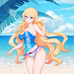 1girl absurdres bare_legs bare_shoulders beach durandal_(honkai_impact) blonde_hair blue_eyes blue_shirt blue_sky breasts cha_yan_guan_se cleavage clothes_writing cloud cloudy_sky durandal_(valkyrie_gloria)_(honkai_impact) hair_between_eyes highres holding holding_removed_eyewear honkai_(series) honkai_impact_3rd large_breasts long_hair looking_at_viewer micro_shorts ocean official_alternate_costume open_mouth sand shirt shorts sky solo thighs tree unworn_eyewear white_shorts