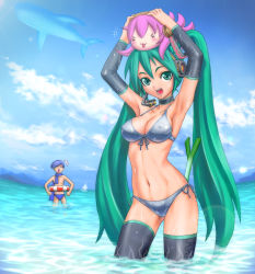 Rule 34 | &gt;:3, 1boy, 1girl, :3, :d, :p, = =, ^^^, abs, armpits, arms up, bikini, blue hair, blue male swimwear, blue scarf, blue swim briefs, breasts, choker, covered erect nipples, detached sleeves, front-tie top, green eyes, green hair, hatsune miku, headset, highres, innertube, kaito (vocaloid), long hair, male swimwear, medium breasts, megurine luka, navel, object on head, open mouth, scarf, shu (la-placetick), side-tie bikini bottom, smile, snorkel, spring onion, swim briefs, swim ring, swimsuit, takoluka, thighhighs, tongue, tongue out, twintails, v-shaped eyebrows, very long hair, vocaloid, water, wet, whale, yukkuri shiteitte ne