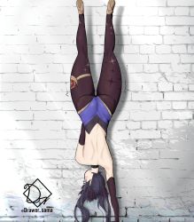 Rule 34 | 1girl, against wall, ass, backless outfit, bare back, bare shoulders, black hair, drawerson, elbow gloves, from behind, genshin impact, gloves, green eyes, hair ribbon, highres, leotard, long hair, looking at viewer, lycoris challenge (meme), lycoris recoil, meme, mona (genshin impact), pantyhose, ribbon, shiny clothes, shiny skin, solo, thick thighs, thighlet, thighs, twintails, upside-down