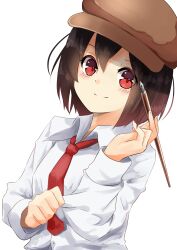 Rule 34 | 1girl, absurdres, artist request, black hair, blush, brown hat, cabbie hat, closed mouth, collared shirt, commentary request, hat, highres, holding, long sleeves, necktie, nib pen (object), official alternate costume, pen, red eyes, red necktie, shameimaru aya, shameimaru aya (newsboy), shirt, short hair, simple background, smile, solo, touhou, white background, white shirt