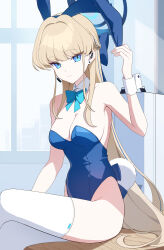 Rule 34 | 1girl, animal ears, blonde hair, blue archive, blue bow, blue bowtie, blue eyes, blue hairband, blue halo, blue leotard, bow, bowtie, breasts, briefcase, cleavage, closed mouth, crossed legs, detached collar, earpiece, fake animal ears, hairband, halo, highres, leotard, long hair, looking at viewer, medium breasts, microphone, multicolored hair, official alternate costume, playboy bunny, rabbit ears, rabbit tail, sitting, solo, streaked hair, tail, thighhighs, thighs, toki (blue archive), toki (bunny) (blue archive), tt0215, very long hair, white thighhighs, window, wrist cuffs