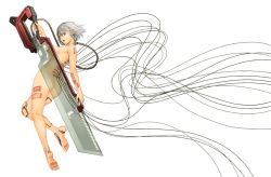 Rule 34 | 1girl, alma (ex-arm), android, ass, back, barefoot, blue eyes, breasts, cable, ex-arm, highres, holding, holding sword, holding weapon, komi shin&#039;ya, nude, open mouth, short hair, silver hair, simple background, solo, sword, weapon, white background