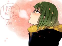 Rule 34 | 1girl, commentary request, dated, from side, glasses, green eyes, green hair, hagiwara daisuke, happy birthday, hori-san to miyamura-kun, kouno sakura, looking up, medium hair, open mouth, petals, scarf, solo, two-tone background, upper body