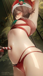 Rule 34 | 1girl, arms up, bikini, bound, bound wrists, breasts, brown hair, candy, candy cane, christmas, closed eyes, food, genshin impact, hat, highres, hu tao (genshin impact), kani fish, navel, navel insertion, red bikini, restrained, santa hat, small breasts, standing, stomach, swimsuit, tree, underboob