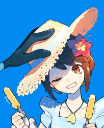 Rule 34 | 1girl, blue background, blue shirt, brown eyes, brown hair, collarbone, commentary request, creatures (company), flower, food, frilled shirt, frills, game freak, gen 8 pokemon, gloria (pokemon), gloria (summer 2021) (pokemon), grin, hair flower, hair ornament, hand on another&#039;s head, hands up, hat, holding, holding clothes, holding hat, holding stick, inteleon, nintendo, official alternate costume, one eye closed, pink flower, pokemon, pokemon (creature), pokemon masters ex, popsicle, puteru, shirt, short hair, simple background, sleeveless, sleeveless shirt, smile, stick, straw hat, teeth