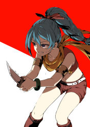 Rule 34 | 1girl, belt, blue eyes, blue hair, bracelet, braid, braided ponytail, commentary request, dragon quest, dragon quest xi, hair ribbon, high braid, holding, jewelry, knife, long hair, maya (dq11), navel, open mouth, red background, red vest, ribbon, scarf, shorts, single braid, solo, supunyange, two-handed, vest, white background