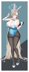 Rule 34 | 1girl, absurdres, animal ears, asuna (blue archive), asuna (bunny) (blue archive), black pantyhose, blue archive, blue bow, blue bowtie, blue eyes, blue leotard, blush, bow, bowtie, breasts, cleavage, coke0502, detached collar, elbow gloves, fake animal ears, full body, gloves, grey hair, hair ornament, hairband, halo, hand up, high heels, highres, holding, incredibly absurdres, large breasts, leotard, long hair, looking at viewer, mole, mole on breast, pantyhose, parted lips, playboy bunny, rabbit ears, simple background, smile, solo, standing, thighband pantyhose, thighs, v, very long hair, white footwear, white gloves, white hairband