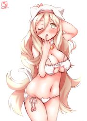 Rule 34 | 10s, 1girl, animal ears, bell, blonde hair, blush, bra, breasts, cat cutout, cat ear panties, cat ears, cat lingerie, cat tail, chestnut mouth, choker, cleavage cutout, clothing cutout, cowboy shot, dated, frilled bra, frills, hair between eyes, highres, jingle bell, kanon (kurogane knights), kantai collection, large breasts, long hair, looking at viewer, meme attire, mole, mole under eye, neck bell, one eye closed, panties, richelieu (kancolle), side-tie panties, simple background, solo, tail, underwear, white background, white bra, white panties, yellow eyes