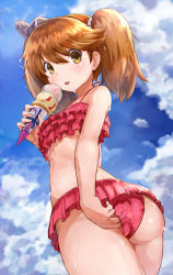 Rule 34 | 10s, 1girl, adjusting clothes, adjusting swimsuit, alternate costume, ass, bikini, bikini skirt, brown eyes, brown hair, cloud, cloudy sky, day, flat chest, food, frilled bikini, frilled skirt, frills, from below, hair between eyes, highres, ice cream, kantai collection, long hair, looking at viewer, midriff, okitsugu, red bikini, revision, ryuujou (kancolle), sideways hat, skirt, sky, solo, sweat, swimsuit, thighs, tongue, tongue out, twintails, visor cap