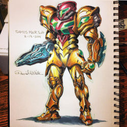 Rule 34 | 1girl, absurdres, arm cannon, artist name, commentary, dated, english commentary, highres, looking ahead, mecha-zone, metroid, nintendo, notebook, open hand, photo (medium), redesign, samus aran, science fiction, solo, varia suit, visor, weapon