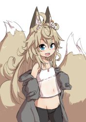 Rule 34 | 1girl, :d, ahoge, animal ear fluff, animal ears, blue eyes, blush, earrings, fox ears, fox girl, fox tail, hair between eyes, highres, jewelry, kazekiri, kitsune, light brown hair, long hair, looking at viewer, monochrome background, multiple tails, navel, open mouth, original, paw print, see-through, simple background, smile, solo, tail, teeth, upper teeth only, white background