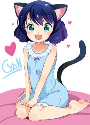 Rule 34 | 10s, 1girl, animal ears, barefoot, blush, cat ears, cat tail, character name, cyan (show by rock!!), fuyuno mikan, green eyes, heart, highres, open mouth, show by rock!!, sitting, smile, solo, tail, wariza