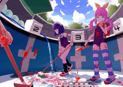 Rule 34 | 3girls, absurdres, bandaid, black socks, blood, blood on clothes, blood on hands, bloody knife, bloody weapon, blue hair, blue thighhighs, blunt bangs, blush stickers, bob cut, cloud, detached collar, finger to face, gluteal fold, gomi ondo, gradient eyes, hair ribbon, hand on own chin, highres, kneehighs, knife, maid headdress, mop, multicolored eyes, multiple girls, one-piece swimsuit, original, outdoors, pink hair, pool, ribbon, school swimsuit, short hair, sky, socks, striped clothes, striped legwear, striped thighhighs, swimsuit, thighhighs, tree, twintails, weapon