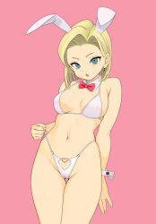 Rule 34 | 1girl, absurdres, alternate costume, android 18, animal ears, bikini, blonde hair, blue eyes, breasts, cameltoe, cleft of venus, clothing cutout, commentary request, detached collar, dragon ball, dragonball z, heart cutout, highres, looking at viewer, medium breasts, navel, open mouth, pink background, playboy bunny bikini, playboy bunny swimsuit, rabbit ears, rokoido12, short hair, simple background, solo, swimsuit, thighs, white bikini, wrist cuffs