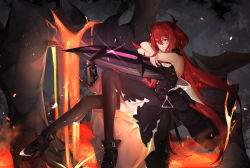Rule 34 | 1girl, absurdres, arknights, black dress, chain, chalos, collar, demon, demon girl, demon horns, dress, high heels, highres, horns, long hair, looking at viewer, lava, red hair, sitting, slit pupils, spiked collar, spikes, surtr (arknights), thighhighs