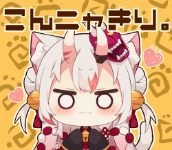 Rule 34 | 1girl, :3, animal ear fluff, animal ears, bell, black kimono, blush, brown background, cat ears, cat girl, cat tail, chibi, closed mouth, double bun, hair bell, hair bun, hair ornament, heart, highres, hololive, horns, japanese clothes, jingle bell, kemonomimi mode, kimono, long sleeves, looking at viewer, mask, mask on head, multicolored hair, muuran, nakiri ayame, nakiri ayame (1st costume), o o, oni, oni mask, red hair, skin-covered horns, sleeves past fingers, sleeves past wrists, solo, streaked hair, tail, translation request, two side up, upper body, virtual youtuber