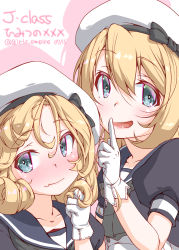 Rule 34 | 2girls, blonde hair, blue eyes, blue sailor collar, commentary request, dress, el (canon jihad), gloves, hat, index finger raised, janus (kancolle), jervis (kancolle), kantai collection, looking at viewer, multiple girls, one-hour drawing challenge, parted bangs, sailor collar, sailor dress, sailor hat, short hair, short sleeves, twitter username, upper body, wavy mouth, white dress, white gloves, white headwear