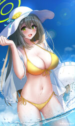 Rule 34 | 1girl, artist name, bikini, blue archive, blush, breasts, cleavage, dutch angle, flower, green eyes, halo, hat, hat flower, highres, holding, holding swim ring, innertube, jacket, large breasts, light brown hair, linzere, long hair, looking at viewer, midriff, navel, nonomi (blue archive), nonomi (swimsuit) (blue archive), open mouth, see-through, see-through jacket, solo, stomach, sun hat, swim ring, swimsuit, upper body, water, white hat, yellow bikini