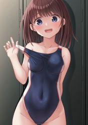 Rule 34 | 1girl, absurdres, black one-piece swimsuit, blue eyes, breasts, brown hair, clothes pull, collarbone, competition swimsuit, covered navel, cowboy shot, groin, highleg, highleg swimsuit, highres, hino (2nd life), locker, looking at viewer, medium breasts, medium hair, one-piece swimsuit, one-piece swimsuit pull, original, smile, solo, standing, swimsuit, wet, wet clothes, wet swimsuit
