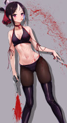 Rule 34 | 1girl, absurdres, bare arms, bare shoulders, black footwear, black hair, black panties, blood, blood on clothes, blood on face, blood splatter, blue hair, blush, boots, breasts, brown thighhighs, cleavage, closed mouth, collar, collarbone, cqingwei, feet out of frame, folded ponytail, gun, hair ribbon, hat, heart, heart-shaped pupils, highres, holding, holding gun, holding knife, holding weapon, kaguya-sama wa kokurasetai ~tensai-tachi no renai zunousen~, knife, looking at viewer, medium breasts, mini hat, mini top hat, multicolored hair, navel, panties, panties under pantyhose, pantyhose, parted bangs, red eyes, red ribbon, ribbon, shinomiya kaguya, short hair, sidelocks, skindentation, smile, solo, sports bra, standing, stomach, symbol-shaped pupils, thigh boots, thighhighs, top hat, two-tone hair, underwear, weapon, white hat