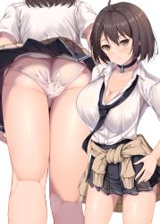 Rule 34 | 1girl, azur lane, baltimore (after-school ace) (azur lane), baltimore (azur lane), black skirt, braid, breasts, brown hair, choker, cleavage, clothes around waist, collarbone, cowboy shot, dress shirt, from below, fukuda shuushi, hand on own hip, highres, kneepits, large breasts, looking at viewer, multiple views, necktie, official alternate costume, panties, pantyshot, pleated skirt, shirt, short hair, simple background, skirt, smile, sweater, sweater around waist, thighs, underwear, uniform, white background, white panties, white shirt, yellow eyes