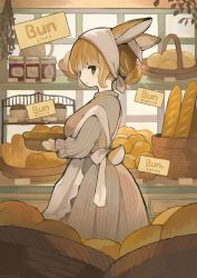 Rule 34 | 1girl, :|, absurdres, animal ears, bakery, black eyes, bread, breasts, check commentary, closed mouth, commentary request, double bun, food, from side, hair bun, highres, indoors, jitome, looking at viewer, looking to the side, medium breasts, original, personification, rabbit, rabbit ears, rabbit girl, rabbit tail, sakutake (ue3sayu), shop, short hair, solid eyes, solo, standing, striped, tail