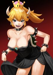 Rule 34 | 1girl, bad id, bad twitter id, bare shoulders, blonde hair, blue eyes, bowsette, bracelet, breasts, clothes lift, collar, collarbone, commentary request, crown, dress, earrings, gradient background, hair between eyes, highres, horns, jewelry, large breasts, lifting own clothes, long hair, looking at viewer, mario (series), new super mario bros. u deluxe, nintendo, open mouth, ponytail, red background, sharp teeth, simple background, skirt, skirt lift, solo, spiked bracelet, spiked collar, spikes, super crown, teeth, tsuhiki koyomi