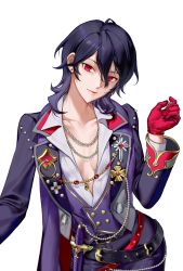 Rule 34 | 1girl, bead necklace, beads, belt, black hair, breasts, brooch, buttons, cape, closed mouth, coat, collared shirt, cowboy shot, cross, cross brooch, double-breasted, earrings, ensemble stars!, gem, genderswap, genderswap (mtf), gloves, hair between eyes, hand up, highres, jacket, jewelry, lapels, leaning to the side, long hair, long sleeves, looking at viewer, necklace, no bra, o-ring, pants, plunging neckline, purple cape, purple coat, purple hair, purple jacket, purple pants, purple vest, red eyes, red gemstone, red gloves, sakuma rei (ensemble stars!), shirt, simple background, smile, solo, sword, vest, weapon, white background, woshayangmei