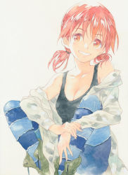 Rule 34 | 1girl, agahari, black tank top, blue legwear, boots, breasts, cleavage, colored pencil (medium), commentary request, green footwear, grey background, grey hoodie, grin, highres, hood, hoodie, low twintails, off shoulder, original, pantyhose, red eyes, red hair, smile, solo, striped clothes, striped legwear, striped pantyhose, tank top, traditional media, twintails, white hoodie