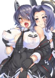 Rule 34 | 2girls, bandages, black gloves, blouse, blush, grabbing another&#039;s breast, breasts, checkered clothes, checkered neckwear, chikan, coat, eyepatch, fingerless gloves, gloves, grabbing, hair between eyes, halo, headgear, highres, kantai collection, large breasts, long hair, looking at another, looking at viewer, mechanical halo, multiple girls, necktie, open mouth, pokke (pokke-chan), purple eyes, purple hair, shirt, short hair, sleeveless, sleeveless shirt, smile, stomach, tatsuta (kancolle), tenryuu (kancolle), white shirt, winter clothes, winter coat, yellow eyes, yuri