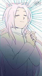 Rule 34 | chromatic aberration, closed eyes, closed mouth, commentary request, eyebrows hidden by hair, film grain, hatsutori hajime, high collar, interlocked fingers, korean commentary, long hair, long sleeves, male focus, own hands clasped, own hands together, parted bangs, pink hair, praying, saibou shinkyoku, shirt, smile, upper body, white shirt, yobimasen
