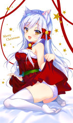 Rule 34 | 1girl, animal ear fluff, animal ears, ass, bare shoulders, bell, blue hair, bow, breasts, brown eyes, cat ears, cat girl, christmas, clothes lift, dress, dress lift, emily (pure dream), fang, fur trim, hair bow, hair ornament, highres, jingle bell, lifted by self, long hair, looking at viewer, merry christmas, neck ribbon, no tail, open mouth, original, panties, ribbon, sitting, smile, solo, strapless, strapless dress, thighhighs, thighs, underwear, white panties, white thighhighs