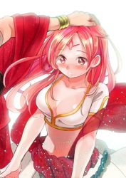 Rule 34 | 1boy, 1girl, blush, bracelet, breasts, cleavage, collarbone, crying, eyebrows, facial mark, forehead mark, hand on another&#039;s head, jewelry, long hair, magi the labyrinth of magic, medium breasts, midriff, navel, onaramaru, out of frame, parted bangs, pink hair, red eyes, see-through, sheba (magi), short sleeves, solo focus, solomon jehoahaz abraham, tears