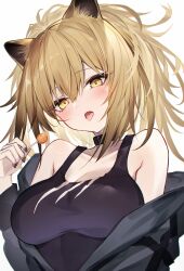 Rule 34 | 1girl, absurdres, animal ears, arknights, bare shoulders, black choker, black jacket, black nails, black tank top, blush, breasts, brown eyes, candy, choker, cleavage, diieru, fang, food, hair between eyes, highres, holding, holding candy, holding food, holding lollipop, jacket, large breasts, light brown hair, lion ears, lion girl, lollipop, long hair, messy hair, off shoulder, siege (arknights), simple background, skin fang, solo, tank top, tongue, tongue out, white background