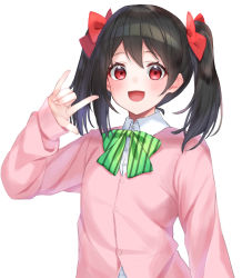 Rule 34 | 1girl, :d, \n/, black hair, blush, bow, cardigan, collared shirt, commentary request, diagonal-striped bow, dress shirt, fingernails, green bow, hair between eyes, hair bow, hand up, hashiko nowoto, highres, love live!, love live! school idol project, m/, open mouth, parted bangs, pink cardigan, red bow, red eyes, school uniform, shirt, simple background, smile, solo, striped, striped bow, twintails, upper body, white background, white shirt, yazawa nico
