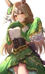 Rule 34 | 1girl, animal ears, blush, breasts, brown eyes, brown hair, commentary, corset, cowboy shot, cropped jacket, frilled sleeves, frills, green jacket, green skirt, half updo, hand on own chest, hands up, highres, horse ears, horse girl, jacket, long hair, looking at viewer, satono diamond (umamusume), shirt, skirt, sky cappuccino, sleeves past fingers, sleeves past wrists, smile, solo, umamusume, very long hair, white background, white shirt