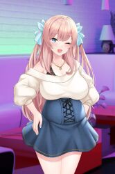 Rule 34 | 1girl, blue eyes, blush, breasts, game cg, gyaru, huge breasts, light brown hair, long hair, looking at viewer, nijigen kanojo, one eye closed, open mouth, pregnant, smile, solo, standing, tachihi nana, tagme
