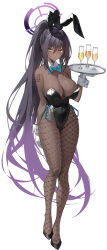 Rule 34 | 1girl, alcohol, animal ears, bare shoulders, black hair, black leotard, blue archive, blush, breasts, cleavage, covered navel, cup, curvy, dark-skinned female, dark skin, detached collar, drinking glass, fake animal ears, fishnet pantyhose, fishnets, full body, gloves, gradient hair, grin, halo, high heels, high ponytail, highleg, highleg leotard, highres, k pring, karin (blue archive), karin (bunny) (blue archive), large breasts, leotard, long hair, looking at viewer, multicolored hair, pantyhose, playboy bunny, ponytail, purple hair, rabbit ears, shiny clothes, shiny skin, sidelocks, smile, solo, tray, very long hair, white gloves, wide hips, wine, wine glass, yellow eyes