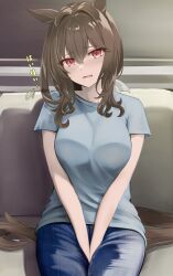 Rule 34 | 1girl, admire vega (umamusume), alternate costume, animal ears, between legs, blush, breasts, brown hair, casual, commentary request, couch, hair between eyes, hand between legs, highres, horse ears, horse girl, horse tail, looking at viewer, medium breasts, open mouth, red eyes, ryouta (ryouta335), short hair, sitting, solo, sweatdrop, tail, translation request, umamusume