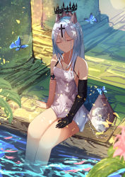 Rule 34 | 1girl, azur lane, black gloves, blue butterfly, blue hair, breasts, bug, butterfly, champagne (azur lane), column lineup, crown, elbow gloves, closed eyes, floating, floating headgear, gloves, hair ornament, hane (feathe02), headgear, highres, insect, long hair, single glove, sitting, small breasts, solo, very long hair