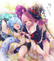 Rule 34 | 2girls, :d, artist name, blue hair, breasts, brown eyes, cleavage, commentary request, drill hair, drooling, fa (rpg fudousan), flat chest, from above, hamayumiba sou, hat, holding, holding staff, kazairo kotone, looking at viewer, lying, medium breasts, multiple girls, official art, on back, open mouth, pink hair, rpg fudousan, second-party source, sleeping, smile, staff, twin drills, witch hat