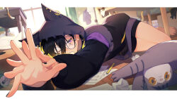 Rule 34 | 1boy, androgynous, animal hood, barefoot, black hair, black nails, black shorts, can, cat, collar, commentary, drink can, earrings, foreshortening, full body, glasses, guitar, hair between eyes, hand focus, highres, holostars, hood, instrument, jewelry, kanade izuru, light particles, looking at viewer, male focus, mono (bluesky), multiple cats, nail polish, on floor, one eye closed, open mouth, outside border, own hands together, pen, purple eyes, reaching, reaching towards viewer, round eyewear, sheet music, short hair, shorts, solo, spiked collar, spikes, spread fingers, stretching, symbol-only commentary, thighs, virtual youtuber, window