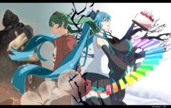 Rule 34 | 2girls, apple tree, back-to-back, blue eyes, blue hair, bomber jacket, cake, detached sleeves, dual persona, earrings, expressionless, eyewear on head, food, green eyes, green hair, hatsune miku, jacket, jewelry, letterboxed, long hair, multiple girls, necktie, open mouth, road sign, rubble, sign, skirt, smile, suna no wakusei (vocaloid), sunglasses, thighhighs, tree, twintails, very long hair, vocaloid, wide sleeves, zettai ryouiki