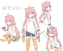 Rule 34 | 1girl, :&lt;, :3, absurdres, ahoge, animal ear fluff, animal ears, arm up, asymmetrical legwear, bare shoulders, bike shorts, black shorts, blue eyes, blush, cat ears, closed mouth, hair between eyes, hair bobbles, hair ornament, head tilt, highres, hinata channel, keiran (ryo170), leaning forward, long hair, looking at viewer, low twintails, mismatched legwear, multiple views, nekomiya hinata, no shoes, orange thighhighs, parted lips, pink hair, shirt, short shorts, shorts, simple background, sitting, sketch, smile, standing, striped clothes, striped thighhighs, tank top, thighhighs, translation request, twintails, very long hair, virtual youtuber, white background, white shirt