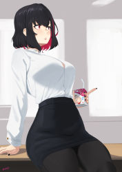 Rule 34 | 1girl, black hair, black nails, black pantyhose, black skirt, blush, box, breasts, feet out of frame, girls&#039; frontline, hand on table, highres, holding, holding box, juice box, kion-kun, large breasts, leaning back, lips, looking away, multicolored hair, nail polish, open mouth, pantyhose, pencil skirt, red eyes, ripper (girls&#039; frontline), ripper swap (girls&#039; frontline), sangvis ferri, shirt, short hair, simple background, sitting, sitting on table, skirt, solo, thighs, twitter username, white shirt