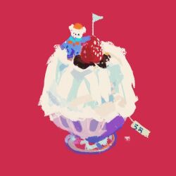 Rule 34 | animal focus, ascot, bear, black eyes, blue ascot, blue jumpsuit, chocolate syrup, flag, food, food focus, fruit, glass, hat, ice cream, jumpsuit, long sleeves, no humans, orange headwear, original, patch, pink background, price tag, putong xiao gou, signature, solid circle eyes, strawberry