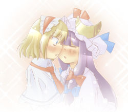 Rule 34 | 2girls, alice margatroid, arnest, blonde hair, blue eyes, blush, crescent, female focus, hairband, hat, imminent kiss, multiple girls, open mouth, patchouli knowledge, purple hair, touhou, yuri
