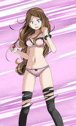 Rule 34 | 1girl, black thighhighs, blue eyes, bow, bow bra, bow panties, bra, bracelet, breasts, brown hair, collarbone, creatures (company), floating hair, game freak, highres, holding, holding poke ball, jewelry, long hair, looking at viewer, medium breasts, motion blur, navel, nintendo, open mouth, panties, parted bangs, pink bra, pink panties, poke ball, pokemon, pokemon xy, purple background, scared, serena (pokemon), shiny clothes, shiny legwear, solo, standing, sweatdrop, tearing clothes, thighhighs, torn clothes, torn thighhighs, tsukishiro saika, underwear, underwear only, very long hair