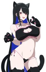Rule 34 | 1girl, absurdres, animal ears, bare shoulders, black hair, blue hair, breasts, cat cutout, cat ear panties, cat ears, cat tail, cleavage cutout, clothing cutout, colored inner hair, covered erect nipples, daydarion, hair ornament, highres, hololive, hololive english, kemonomimi mode, large breasts, long hair, mole, mole on thigh, mole under eye, multicolored hair, nerissa ravencroft, no horns, panties, paw pose, red eyes, simple background, smile, solo, tail, thighs, two-tone hair, underwear, very long hair, virtual youtuber, white background