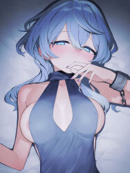 Rule 34 | 1girl, ako (blue archive), ako (dress) (blue archive), areola slip, blue archive, blue dress, blue eyes, blue hair, blush, breasts, closed mouth, commentary, dress, earrings, fingernails, highres, jewelry, large breasts, looking at viewer, lying, nail polish, official alternate costume, on back, purple nails, signalviolet, single handcuff, sleeveless, sleeveless dress, solo, upper body